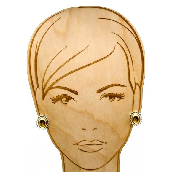 Classic Liz Claiborne Two Tone Earrings, Gold Tone Button Oval in Silver Tone - Picture 4 of 5